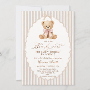 We Can Bearly Wait pink bow girl Baby Shower Invitation