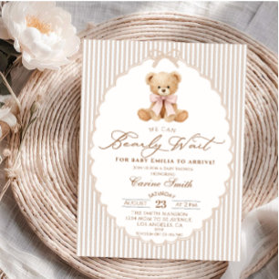 We Can Bearly Wait pink bow girl Baby Shower Invitation