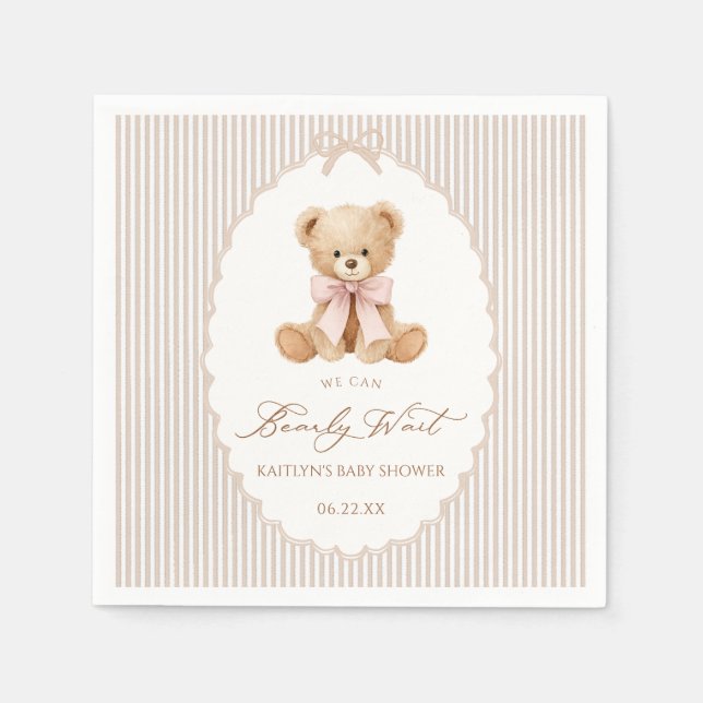 We Can Bearly Wait pink bow girl Baby Shower Napkins (Front)