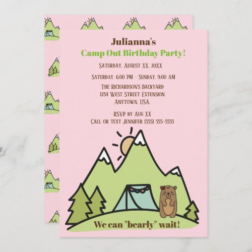 We Can Bearly Wait Pink Camp Out Birthday Party Invitation