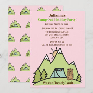 We Can Bearly Wait Pink Camp Out Birthday Party Invitation