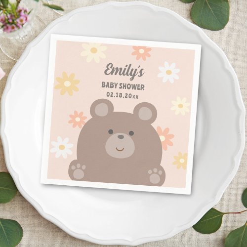 We Can Bearly Wait Pink Daisies Girl Baby Shower Napkins