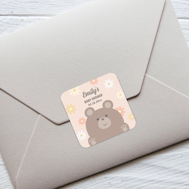 We Can Bearly Wait Pink Daisies Girl Baby Shower Square Sticker (Creator Uploaded)