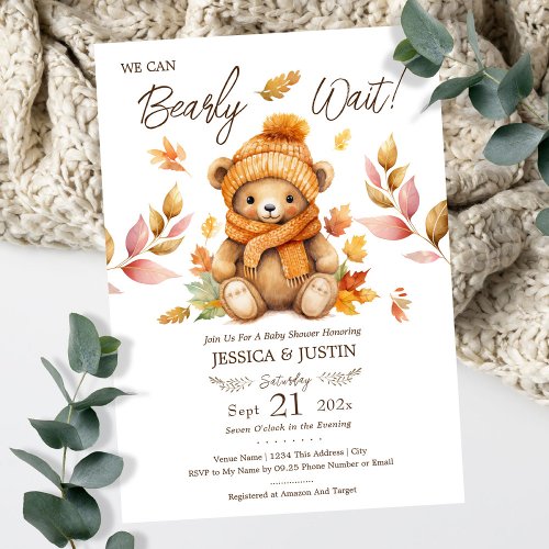 We Can Bearly Wait Pink Fall Baby Shower Invitation