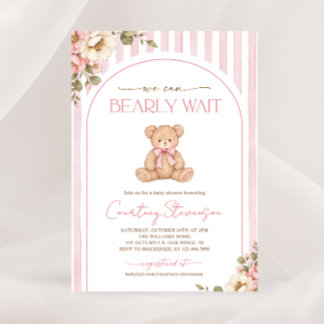 We Can Bearly Wait Pink Floral Baby Shower Invitation