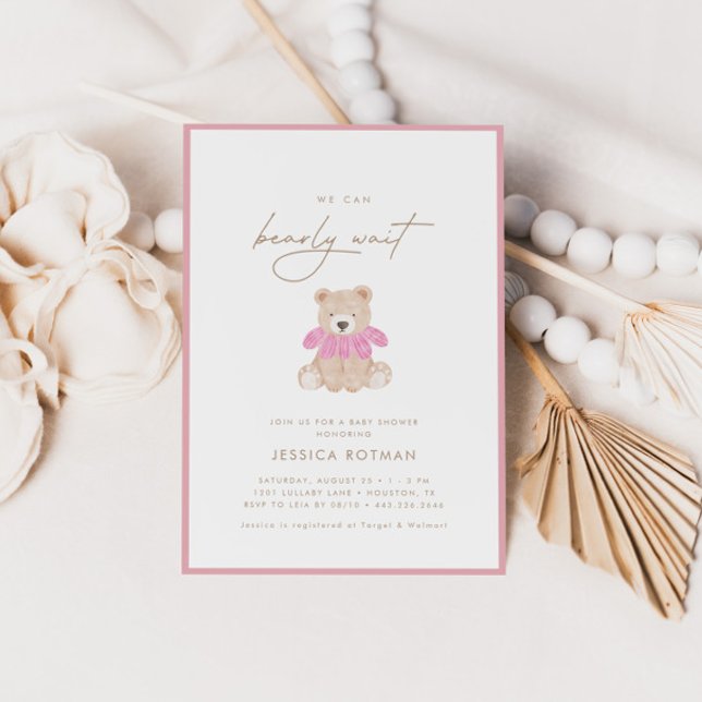 We Can Bearly Wait – Pink Floral Girls Baby Shower Invitation (Creator Uploaded)