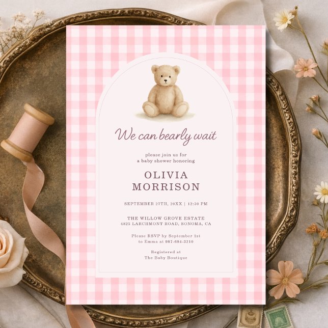 We Can Bearly Wait Pink Gingham Baby Shower Invitation (Creator Uploaded)