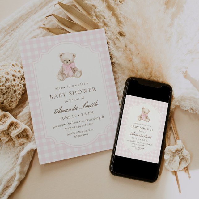We Can Bearly Wait Pink Gingham Teddy Bear Baby Invitation (Creator Uploaded)