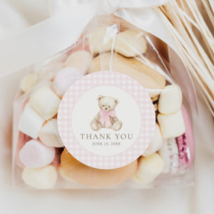 We Can Bearly Wait Pink Gingham Teddy Bear Classic Round Sticker