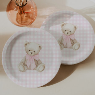 We Can Bearly Wait Pink Gingham Teddy Bear Paper Plates
