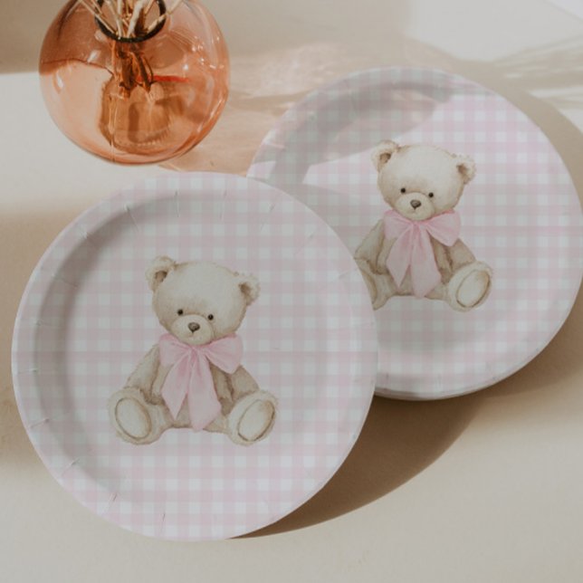 We Can Bearly Wait Pink Gingham Teddy Bear Paper Plates (Creator Uploaded)