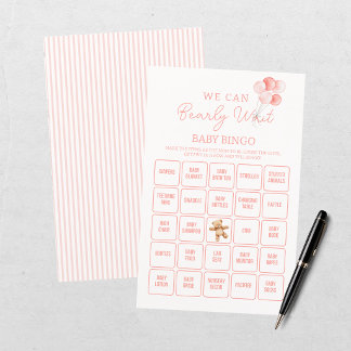 We Can Bearly Wait Pink Girl Baby Shower Bingo