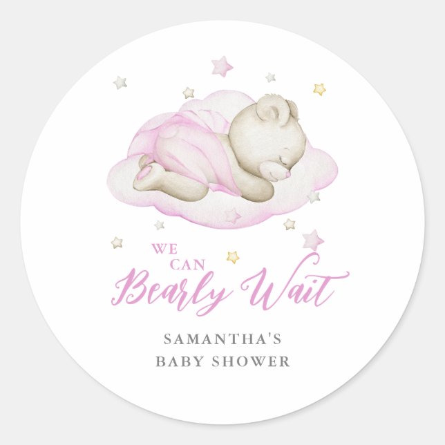 We Can Bearly Wait Pink Girl Baby Shower  Classic Round Sticker (Front)