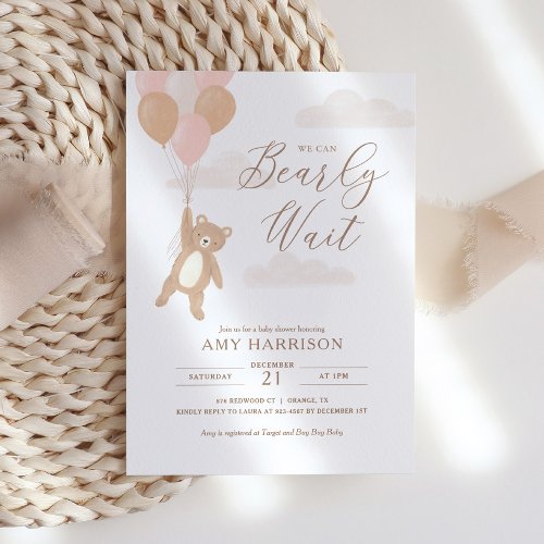 We Can Bearly Wait Pink Girl Baby Shower Invitation
