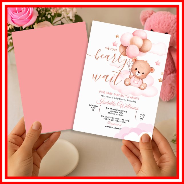 We Can Bearly Wait Pink Girl Baby Shower Invitation (Creator Uploaded)