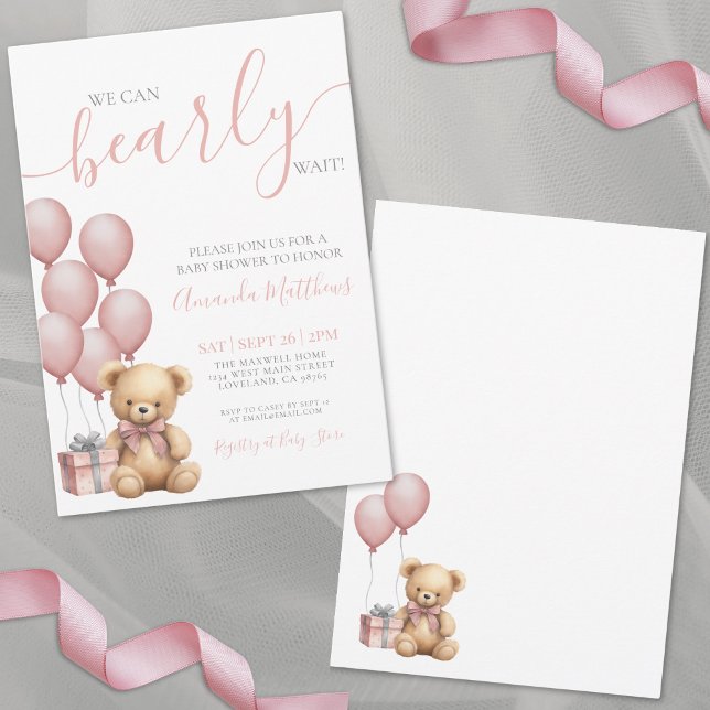 We Can Bearly Wait Pink Girl Baby Shower Invitation (Teddy Bear We Can Bearly Wait Baby Shower Invitation)