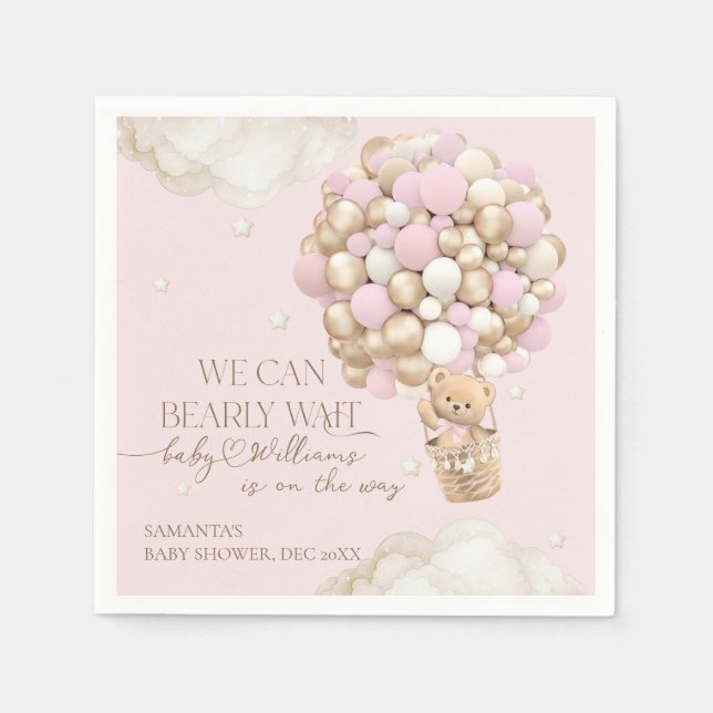 We Can Bearly wait Pink Girl Baby Shower Napkins (Front)