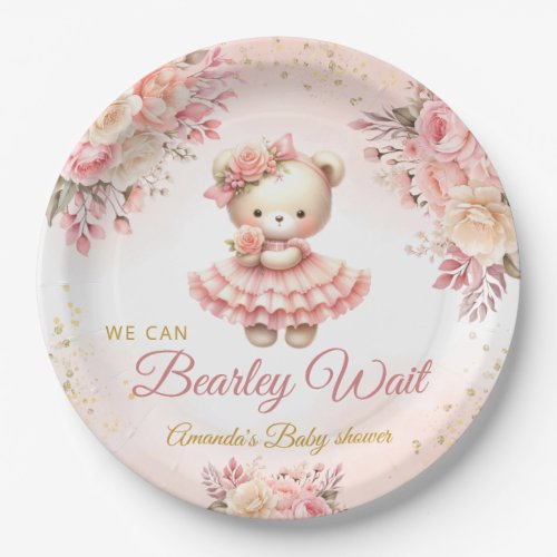 We can bearly wait pink Girl Baby Shower Paper Plates