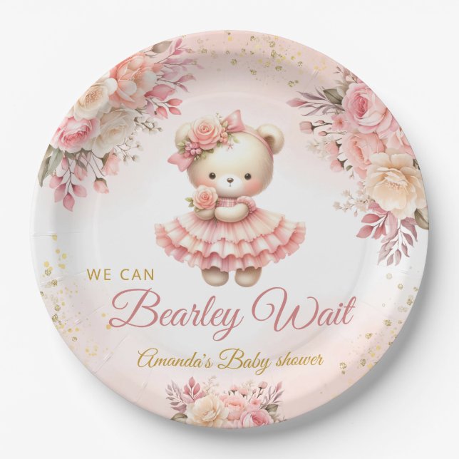 We can bearly wait pink Girl Baby Shower Paper Plates (Front)