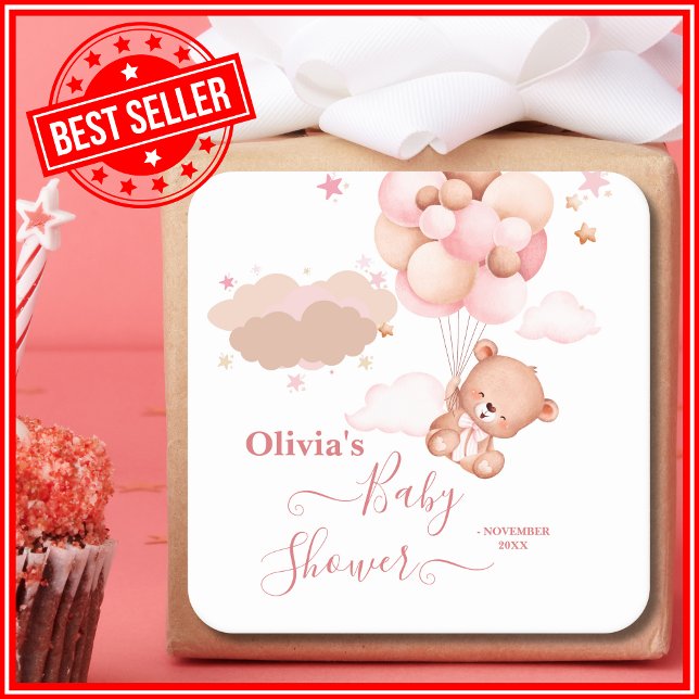 We Can Bearly Wait Pink Girl Baby Shower Square Sticker (Creator Uploaded)