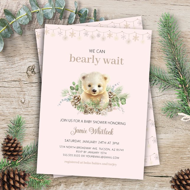 We Can Bearly Wait Pink Girl Winter Baby Shower Invitation (cute pink whimsical christmas we can bearly wait winter baby shower invitation with boho vibes)