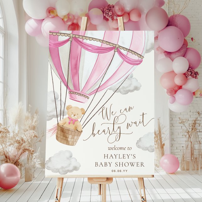 We Can Bearly Wait Pink Hot Air Ballon Baby Shower Poster (Creator Uploaded)
