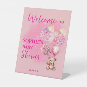 We Can Bearly Wait Pink Hydrangea Pink Balloon Pedestal Sign