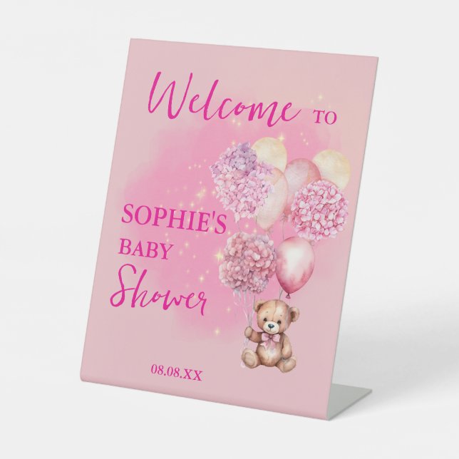 We Can Bearly Wait Pink Hydrangea Pink Balloon Pedestal Sign (Front)