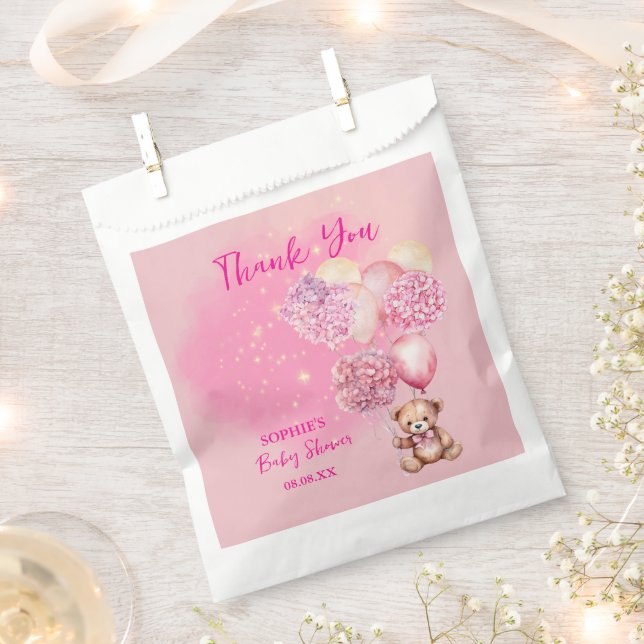 We Can Bearly Wait Pink Hydrangeas & Balloon Favor Bag (Clipped)