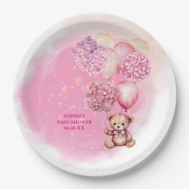 We Can Bearly Wait Pink Hydrangeas Balloons Paper Plates (Front)
