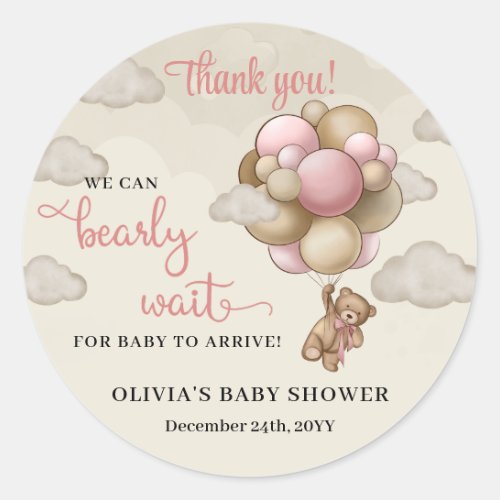 We can bearly wait pink ivory brown balloons girl classic round sticker