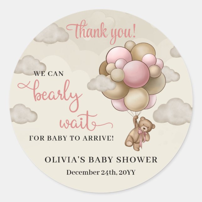 We can bearly wait pink ivory brown balloons girl classic round sticker (Front)