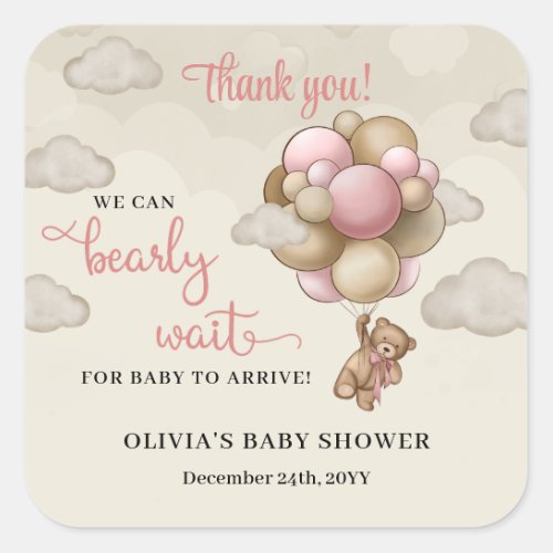 We can bearly wait pink ivory brown balloons girl square sticker