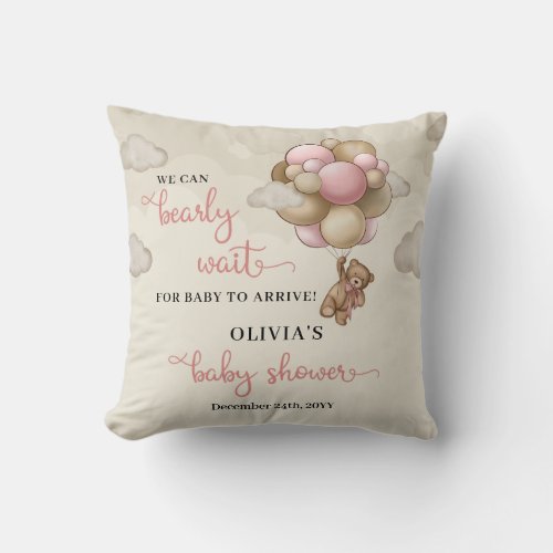 We can bearly wait pink ivory brown balloons girl throw pillow