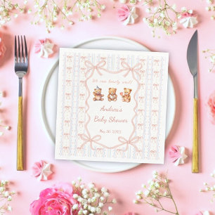 We Can Bearly Wait Pink Lace Ribbon Baby Shower Napkins