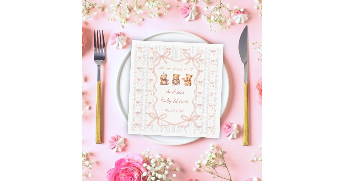 Wait Ribbon We Can Bearly Wait Pink Lace Ribbon Baby Shower Napkins | Zazzle