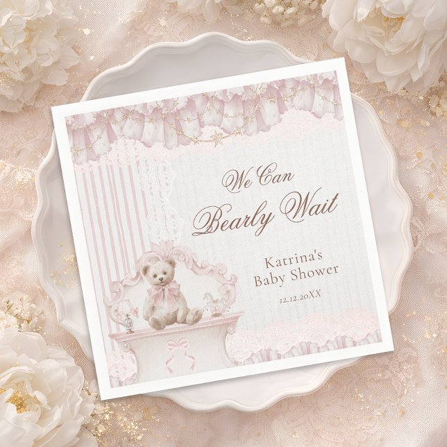 We Can Bearly Wait Pink Nursery Girl Baby Shower Napkins (Creator Uploaded)