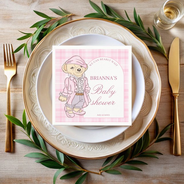 We can bearly wait pink plaid baby shower monogram napkins (We can bearly wait pink plaid teddy bear baby shower monogrammed printed napkins personalized decor)