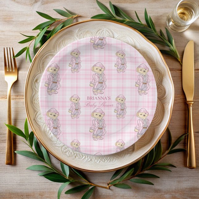 We can bearly wait pink plaid baby shower monogram paper plates (We can bearly wait pink plaid teddy bear baby shower monogrammed printed paper plates)