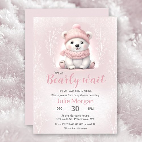 We Can Bearly Wait Pink Polar Bear Baby Shower Invitation