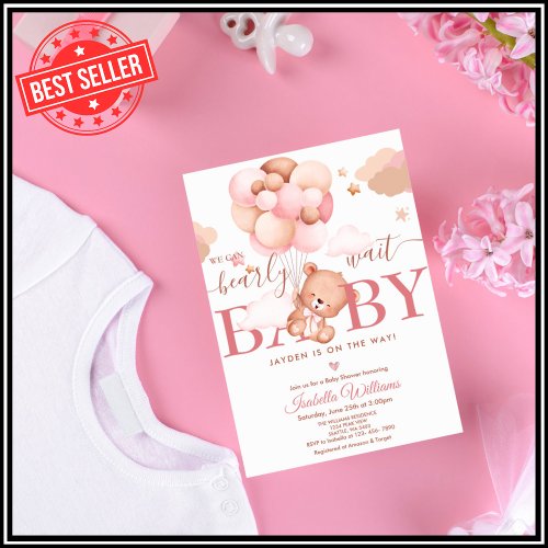 We Can Bearly Wait Pink Pooh Bear Baby Shower Invitation