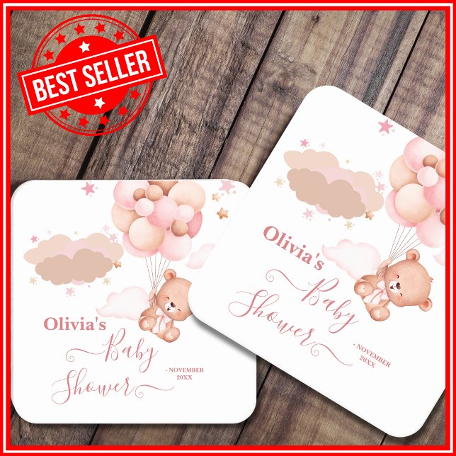 We Can Bearly Wait Pink Pooh Bear Baby Shower Square Paper Coaster (Creator Uploaded)