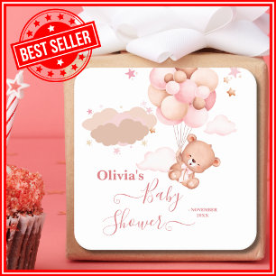 We Can Bearly Wait Pink Pooh Bear Baby Shower Square Sticker