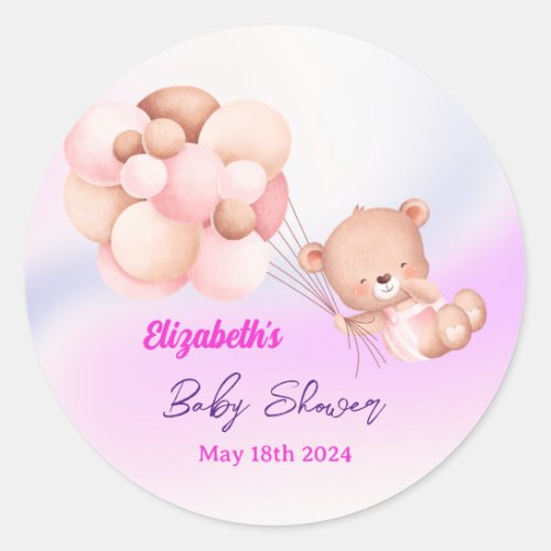 We Can Bearly Wait Pink Purple Girl Baby Shower Classic Round Sticker