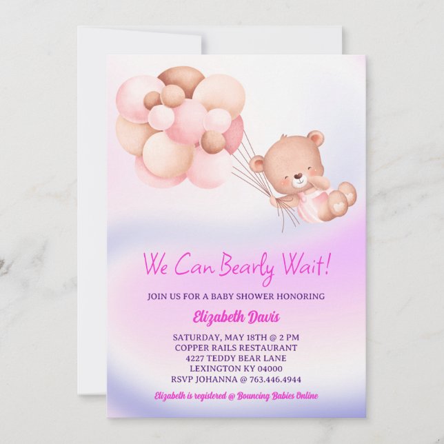 We Can Bearly Wait Pink Purple Girl Baby Shower Invitation (Front)