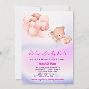 We Can Bearly Wait Pink Purple Girl Baby Shower Invitation
