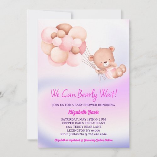 We Can Bearly Wait Pink Purple Girl Baby Shower Invitation