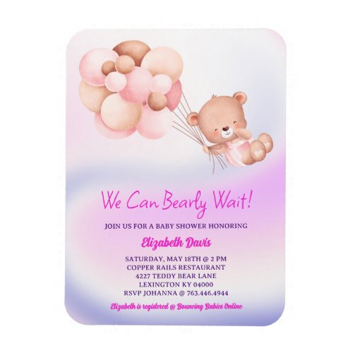 We Can Bearly Wait Pink Purple Girl Baby Shower Magnet