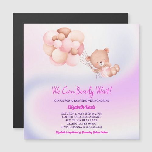 We Can Bearly Wait Pink Purple Girl Baby Shower Magnetic Invitation