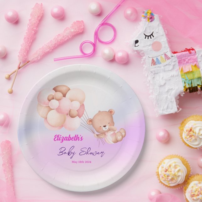 We Can Bearly Wait Pink Purple Girl Baby Shower Paper Plates (Party)